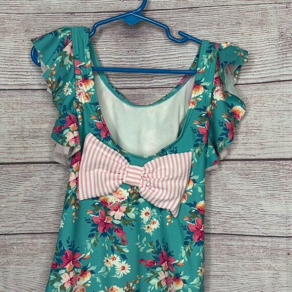 Ruffle Butts Girls Teal Fancy Me Floral Ruffle Bow One Piece Swimsuit Size 6 - Picture 6 of 9